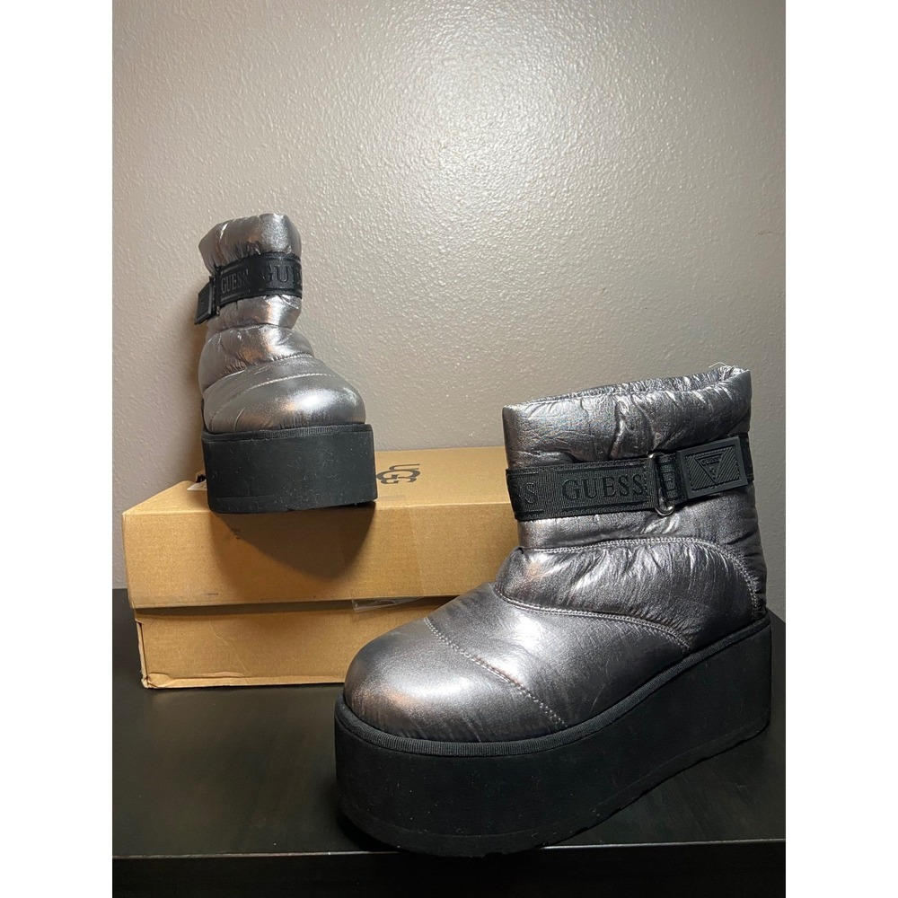 Guess Jilona2 Metallic Silver‎ Puffer Platform Ankle Boots GWJILONA2 Womens 8M